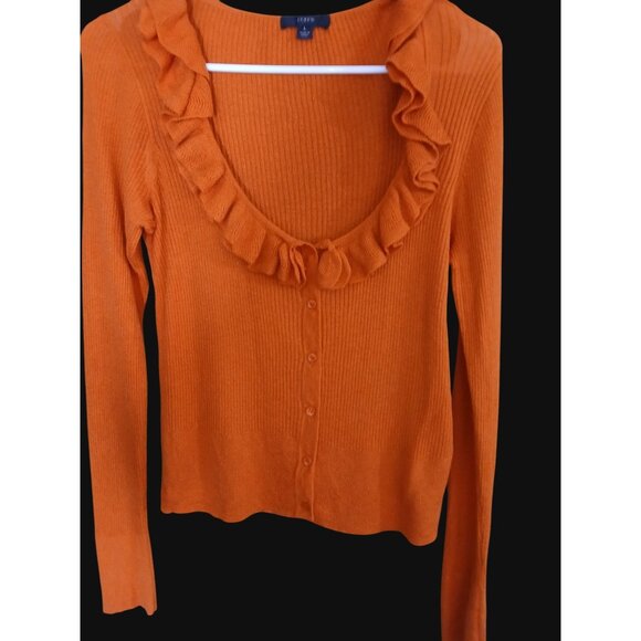 J Crew Orange Silk Cashmere Blend Ruffle Cardigan Sweater L Open Low Neckline - Picture 2 of 11